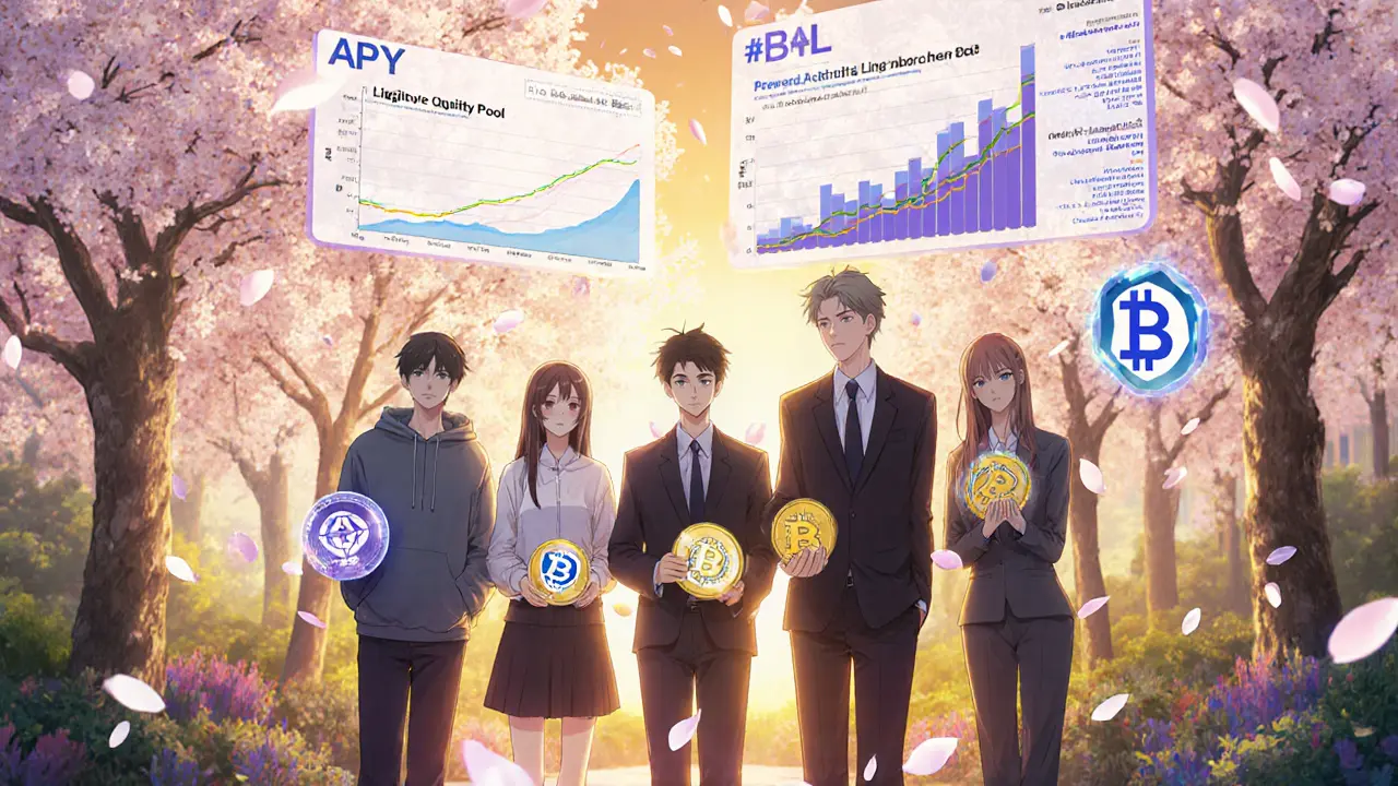 Diverse users in a digital garden surrounded by floating finance charts and blockchain petal code.