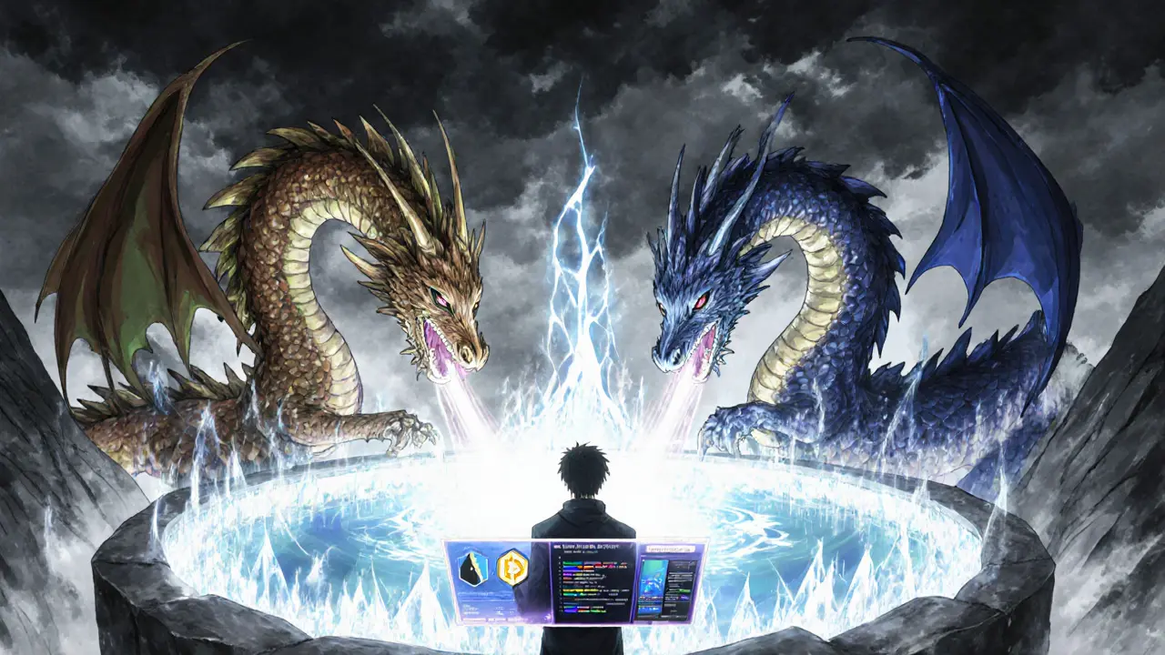 Staked ETH dragons entwined around a glowing pool, feeding energy to multiple blockchains under stormy skies.