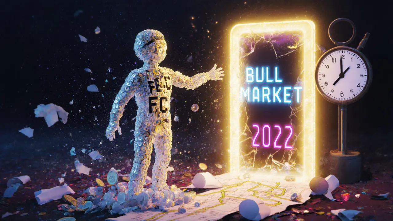 A ghostly FOC token figure dissolving into digital ash, reaching toward a distant bull market portal that remains out of reach.