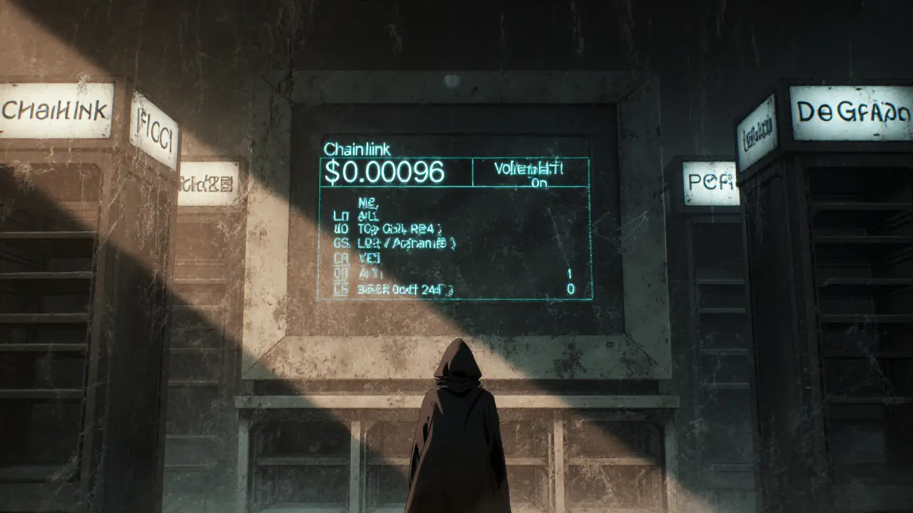 A lone figure before a terminal showing FOC&#039;s <h2>Is FOC even usable?</h2> volume, surrounded by empty shelves while other crypto projects stand fully stocked.