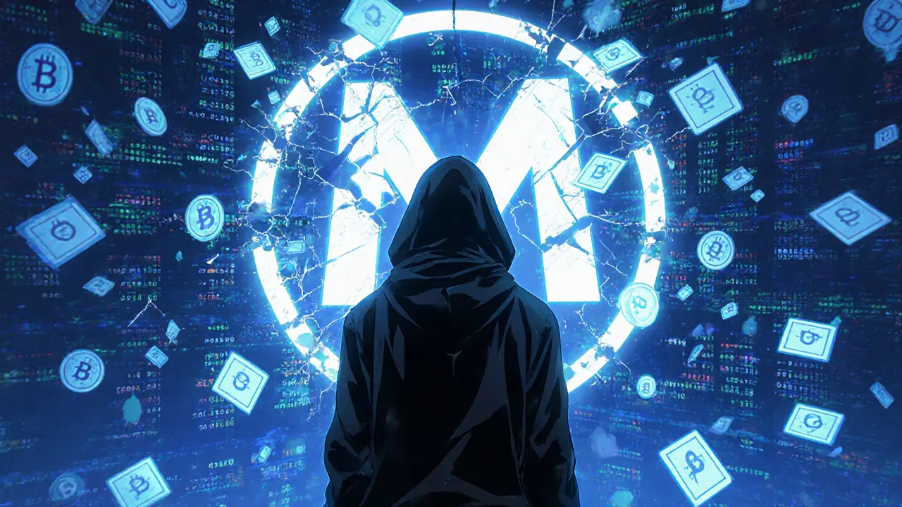 A shadowy figure facing a collapsing MUNITY price chart with pixelating tokens.