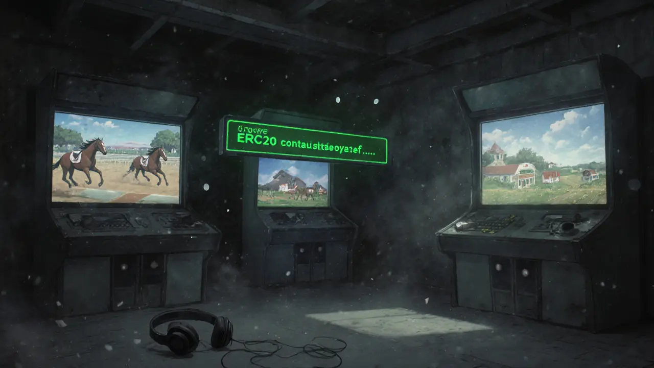 An empty blockchain gaming arcade with flickering screens and a discarded headset.