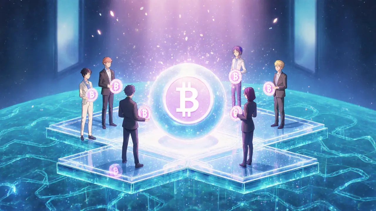 Animated avatars in a digital DAO chamber voting with glowing BTRST tokens.