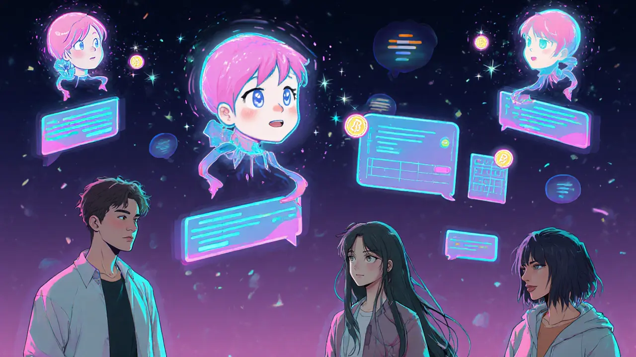 Anime avatars chatting with AI bots on Discord, ACT tokens flowing between them.