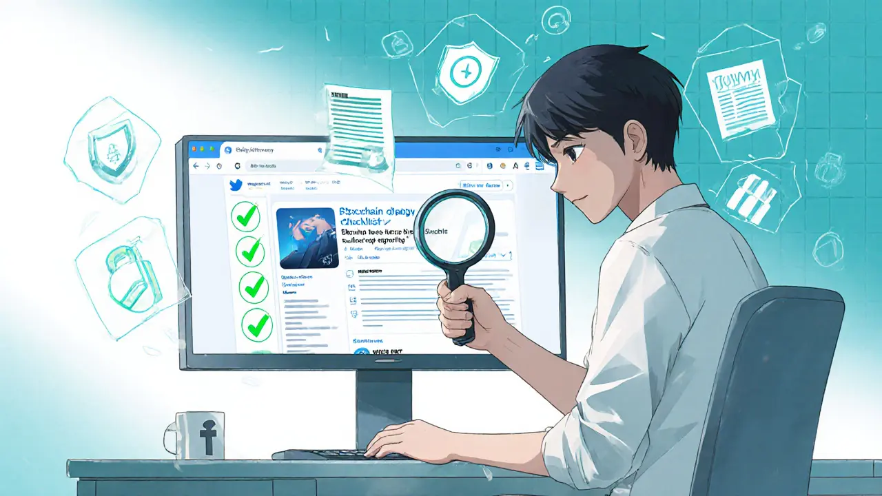 Anime character checks a DOGGY airdrop using a checklist with icons for Twitter, blockchain explorer, news, and security.