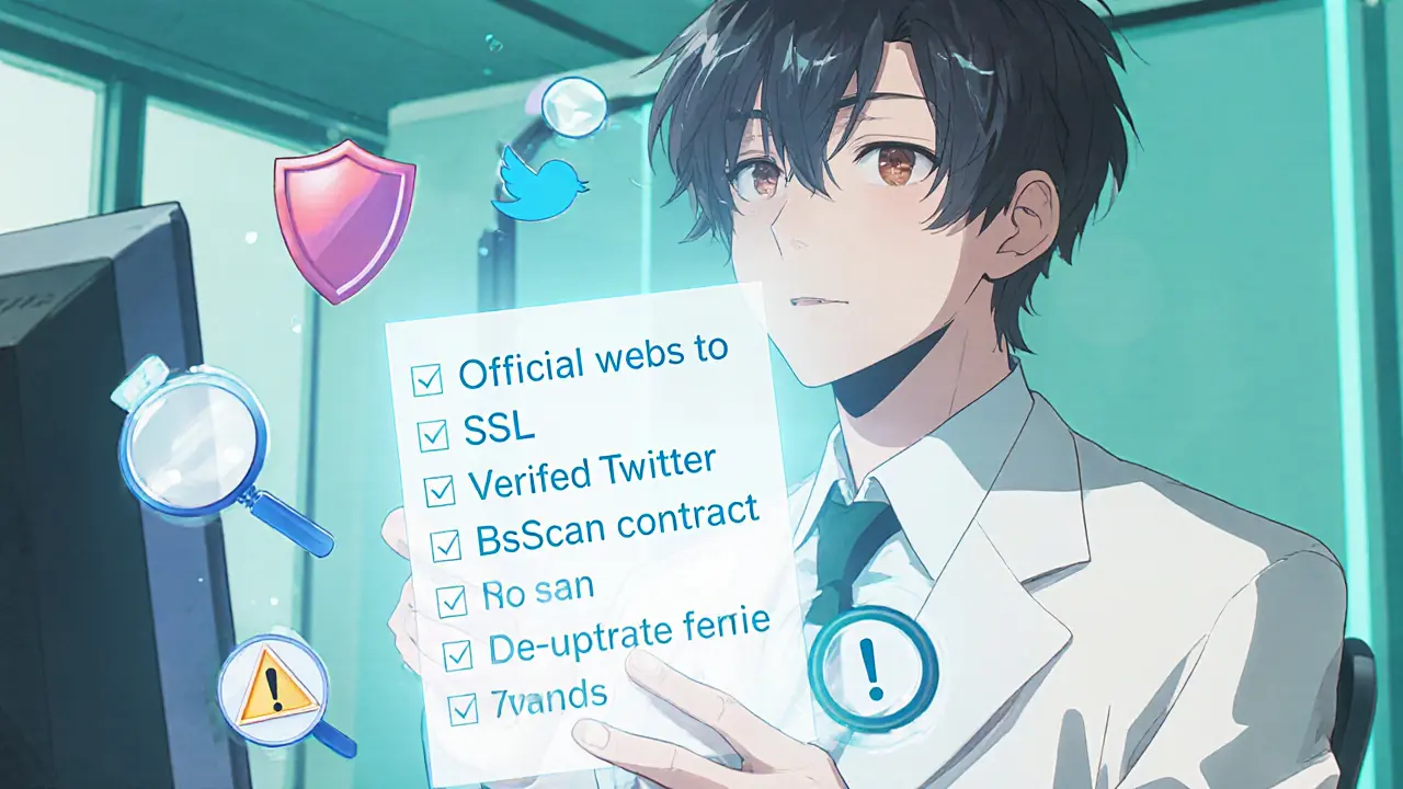 Anime character examining a holographic airdrop verification checklist.