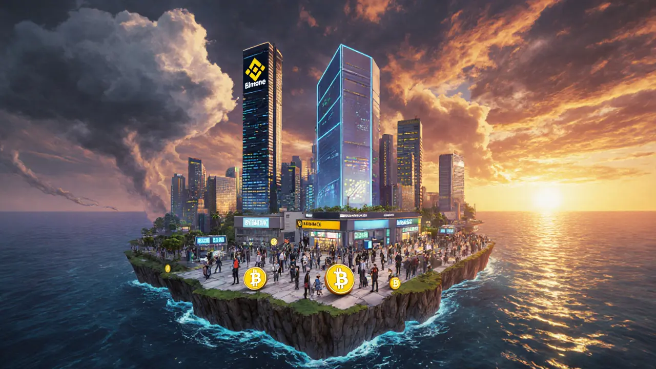 Anime DeFi marketplace with traders exchanging glowing vETH tokens under a sunrise.