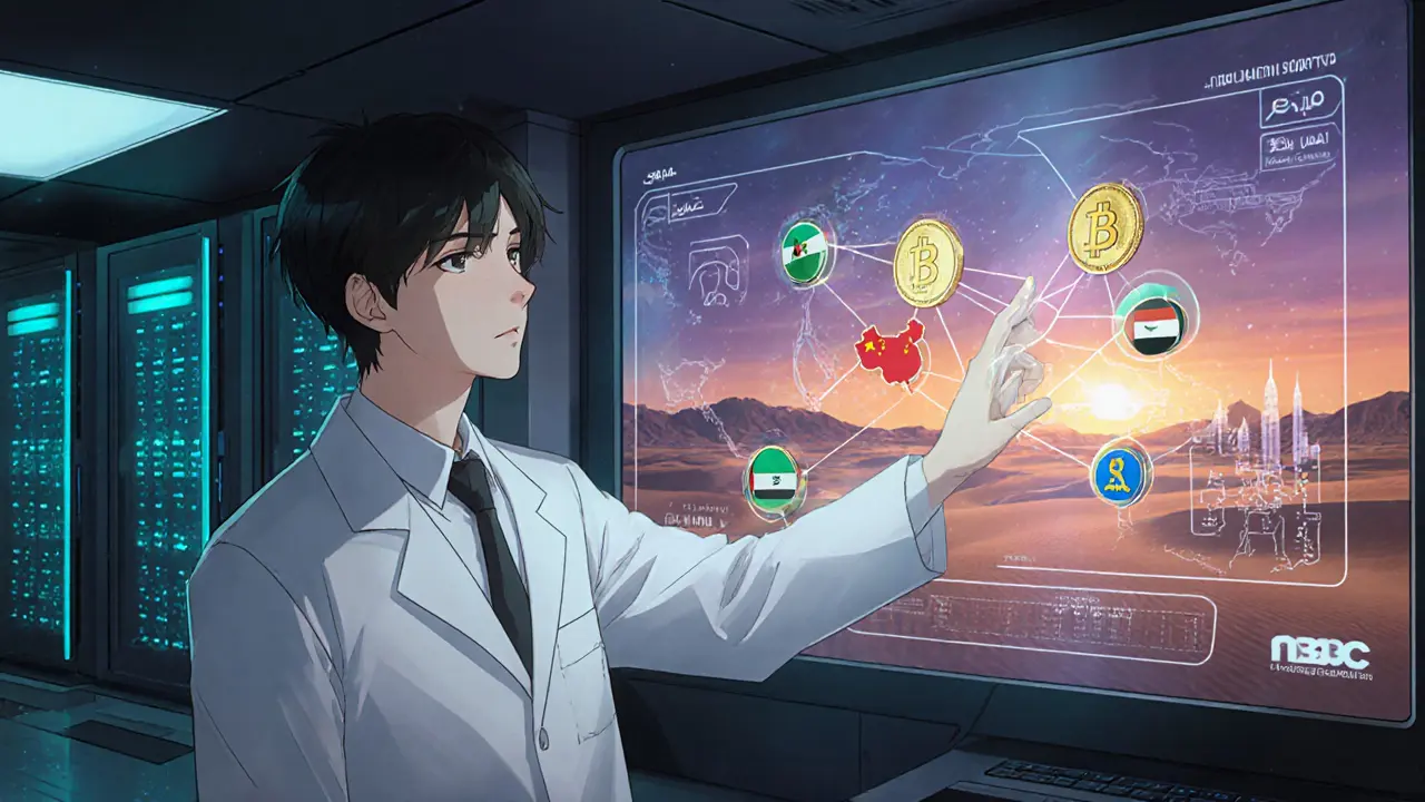 Anime engineer activates a holographic CBDC dashboard in a Saudi fintech lab with desert sunset backdrop.
