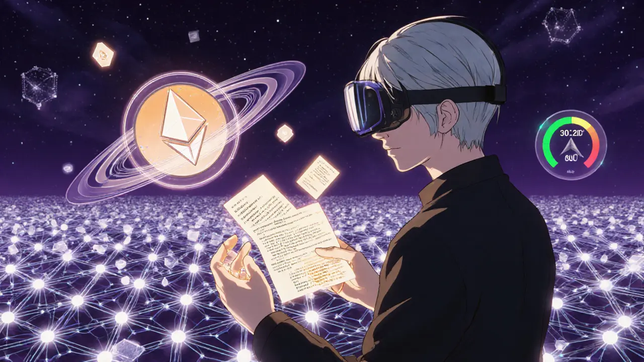 Anime engineer examines ERC-20 code on a glowing Ethereum blockchain lattice.