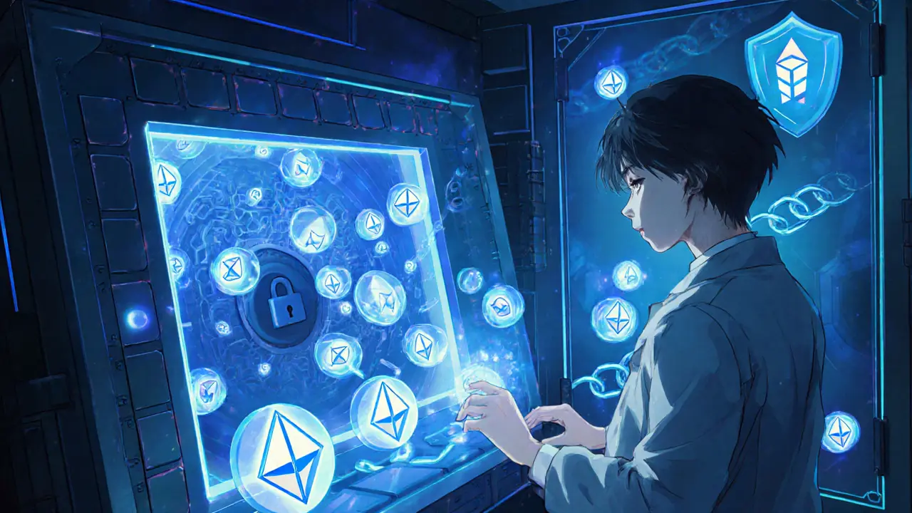Anime engineer watching ETH flow into a vault and vETH tokens emerging.