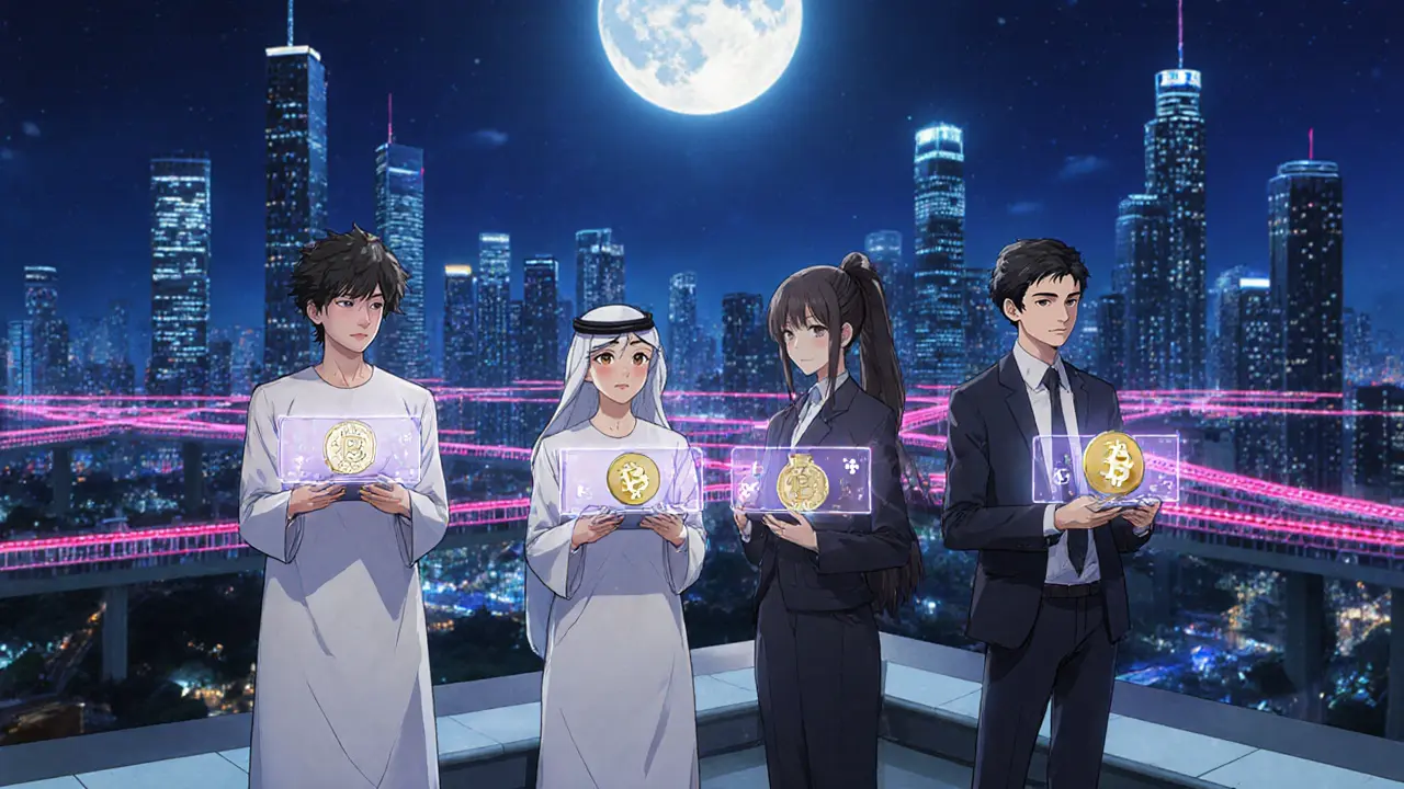 Anime entrepreneurs view a night skyline linked by digital bridges, symbolizing GCC CBDC convergence.