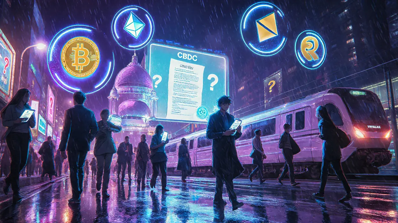 Anime futuristic street with neon crypto holograms, a parliament billboard, and digital rupee monorail.