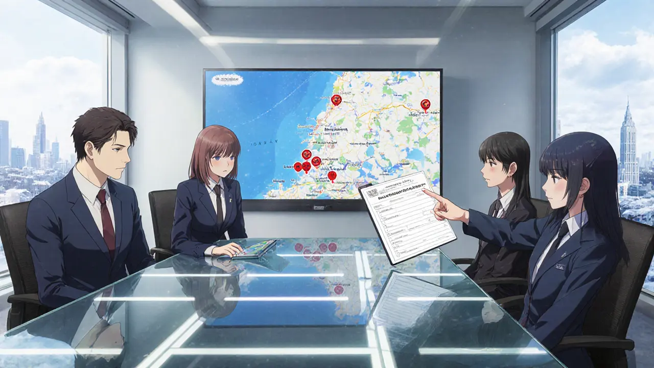 Anime government officials reviewing a crypto mining registration checklist in a modern office.