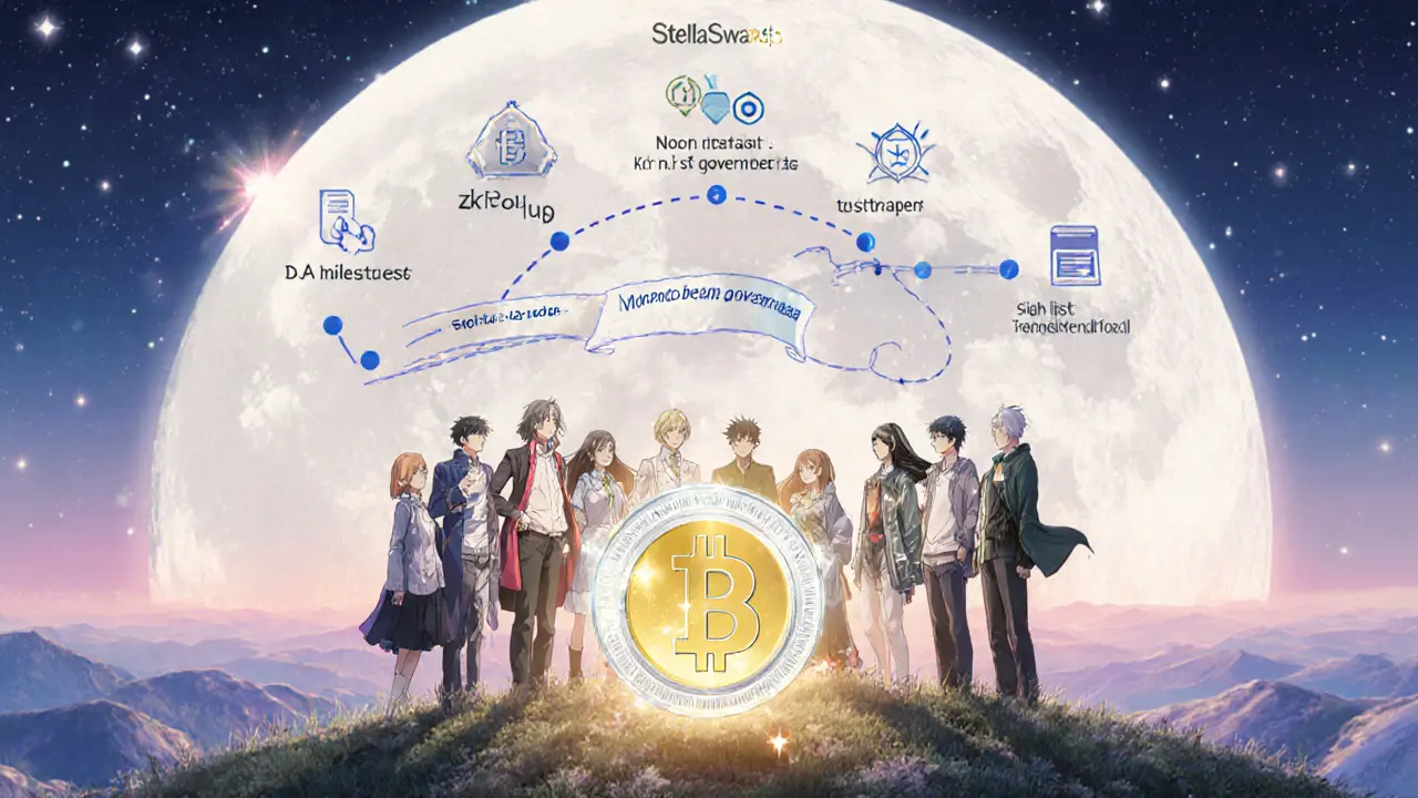 Anime group gathers around glowing STELLA token with future roadmap hologram.