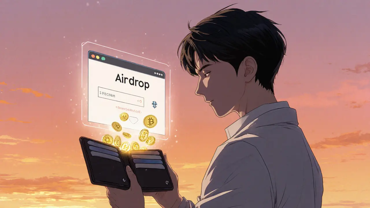 Anime hero safely claiming a CAKEBANK airdrop with a wallet and hardware device.