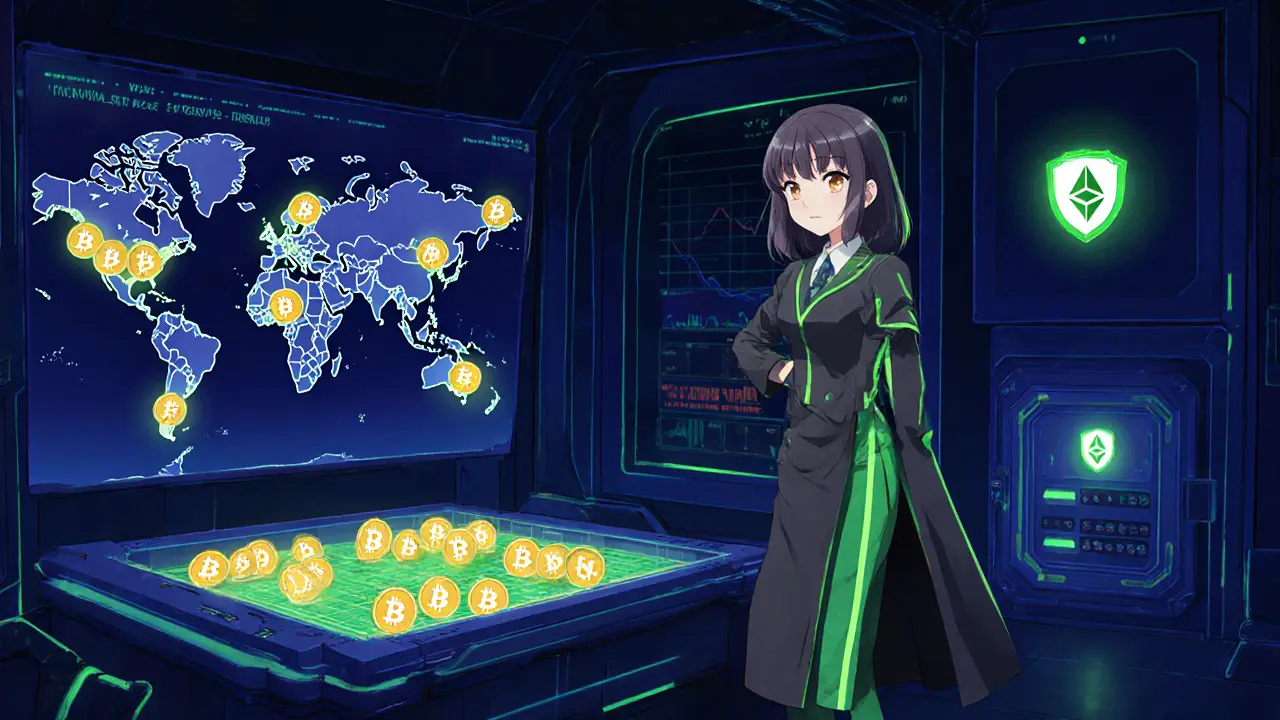 Anime heroine in a futuristic DeFi room surrounded by WRBTC yield farms, charts, and security shields.