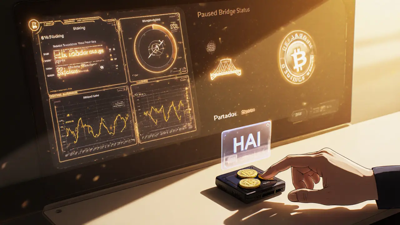 Anime holder moving HAI to hardware wallet, holographic staking and governance icons nearby.