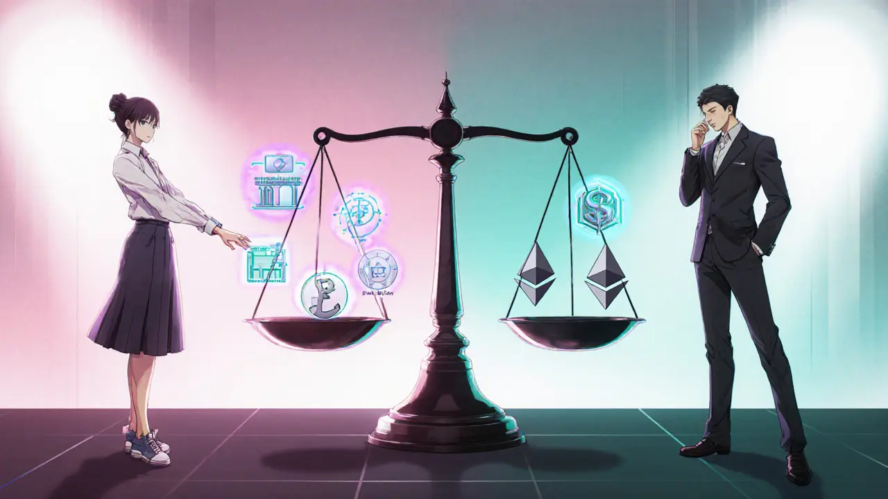 Anime illustration of scales weighing PartySwap’s pros and cons with newcomer and power trader figures.