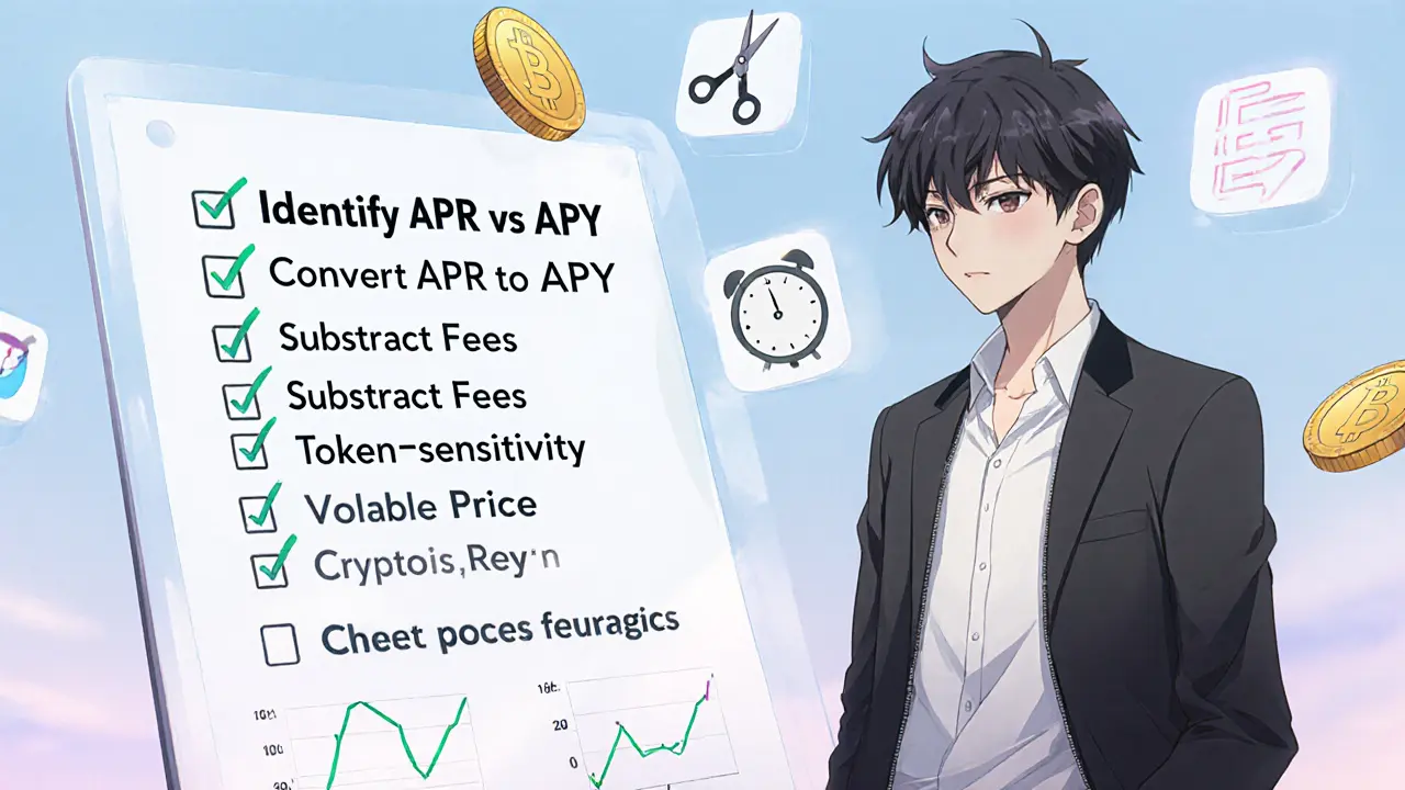 Anime investor checking a yield farm checklist with fee and volatility icons.