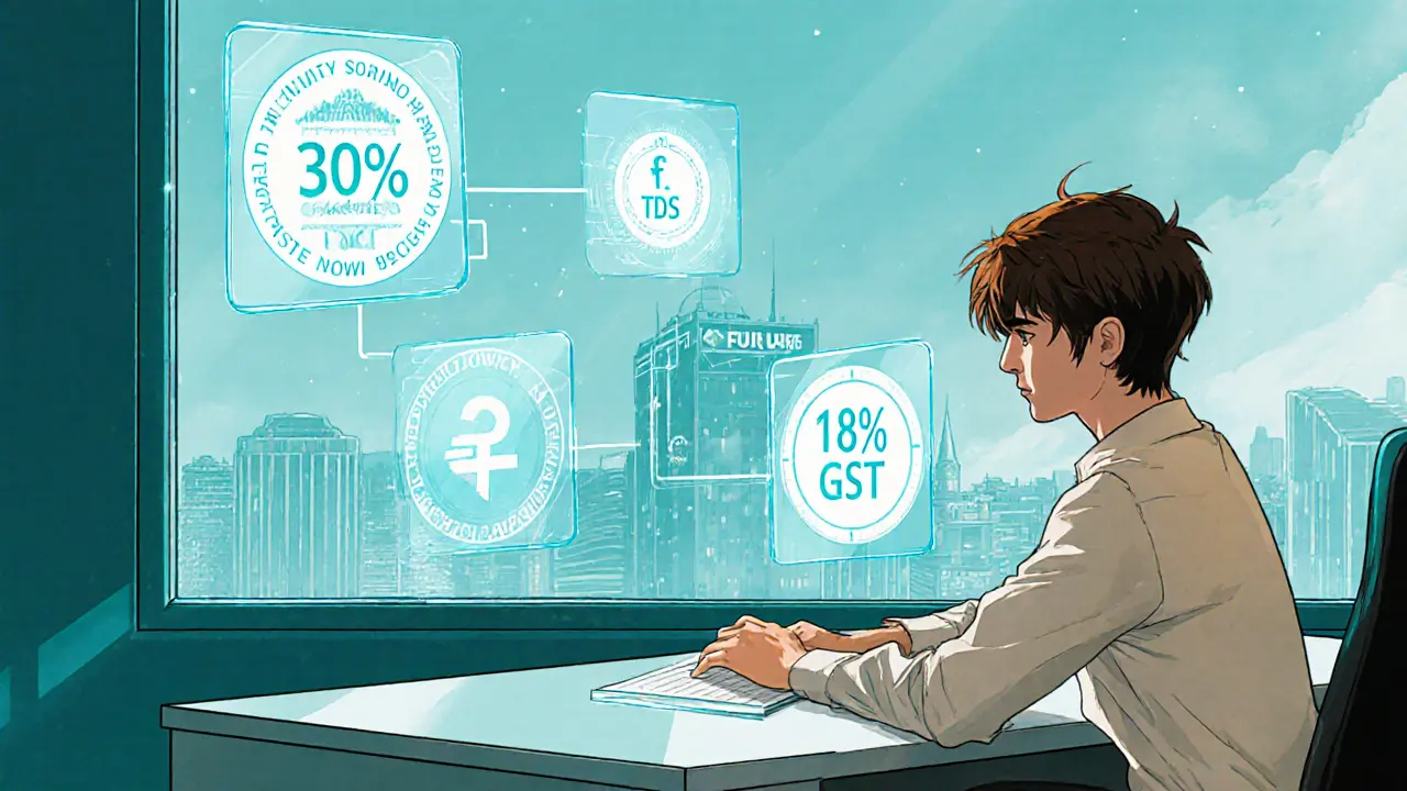 Anime office scene of a young entrepreneur reviewing holographic crypto tax badges and regulatory icons.