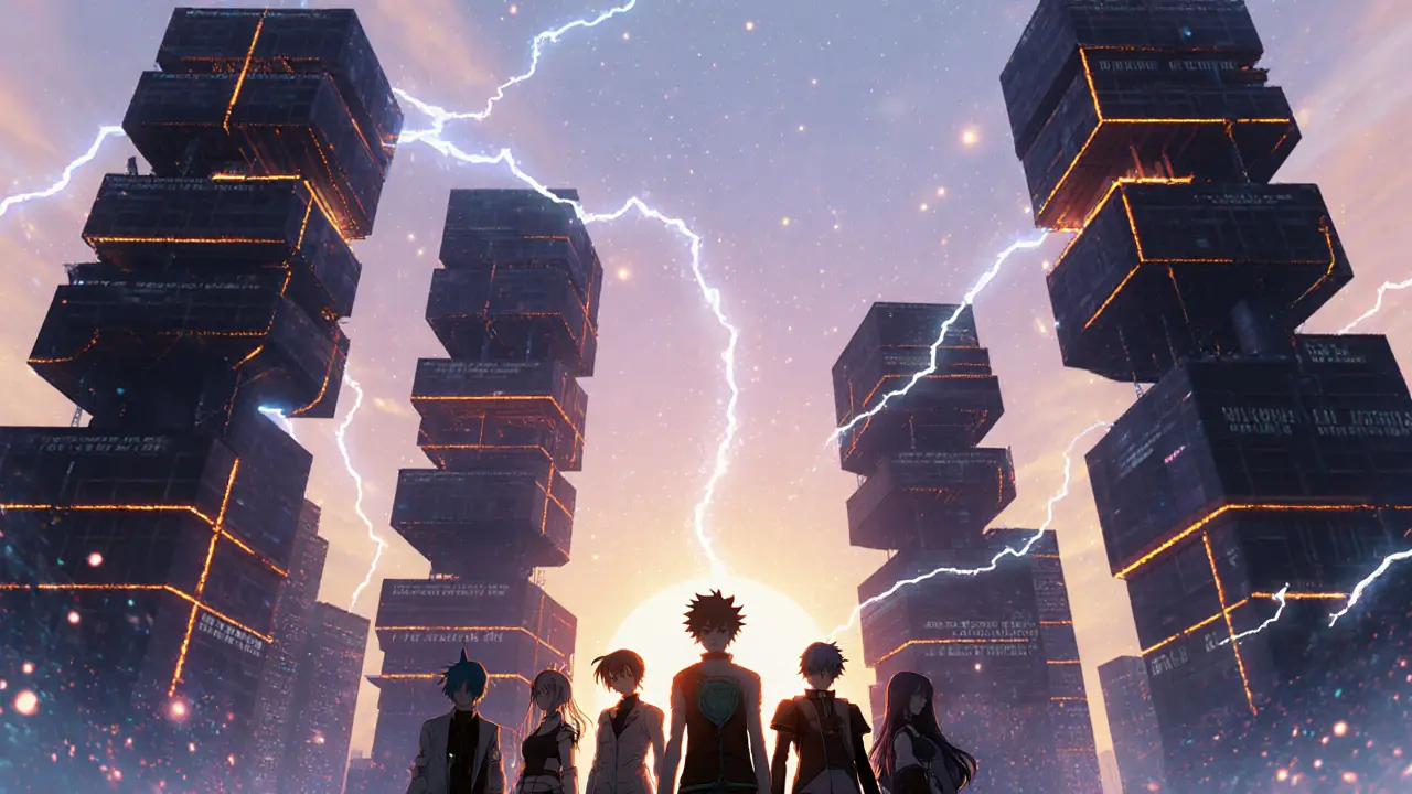 Anime scene of a cyber‑city with lightning bolts and characters representing Bitcoin node types.