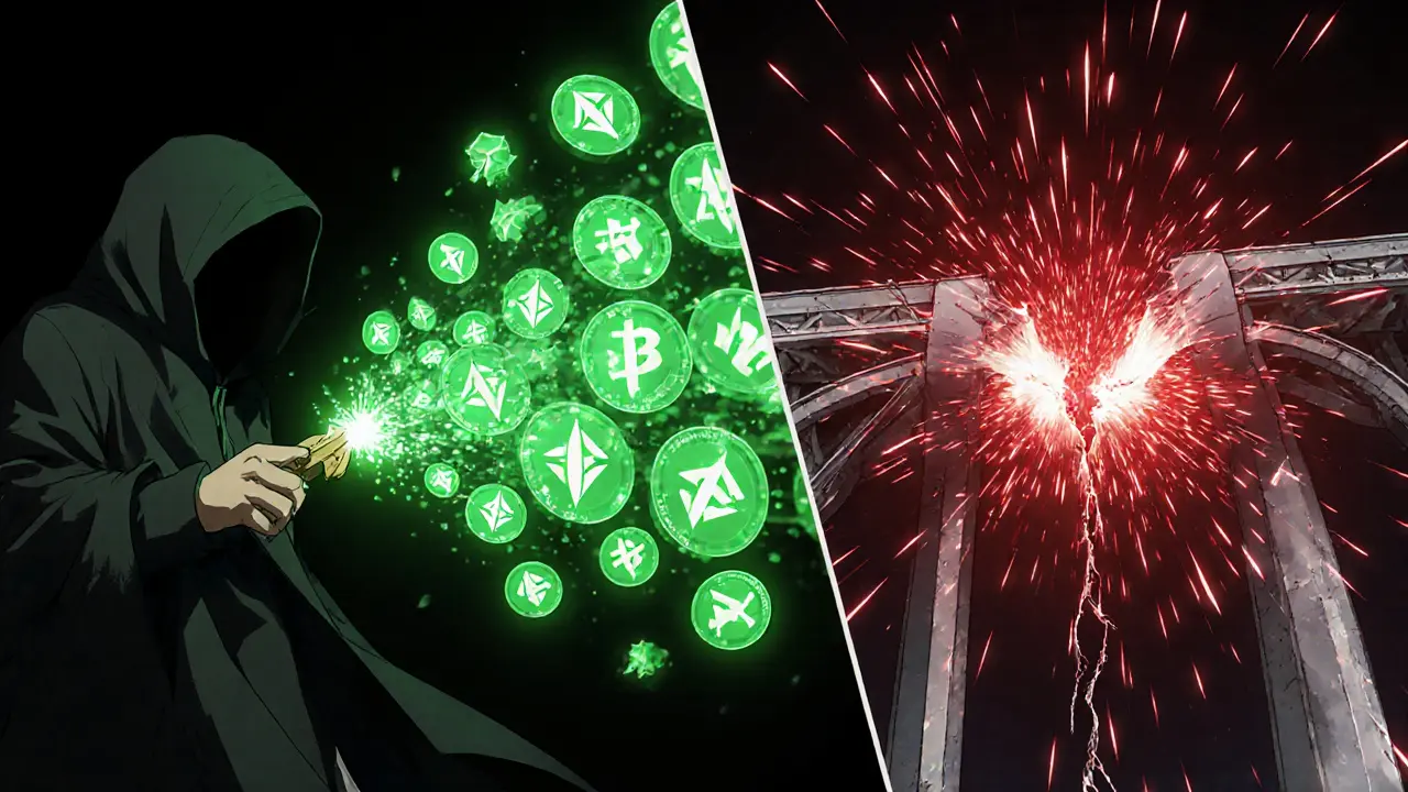 Anime scene of a hooded hacker minting HAI tokens, bridge between Ethereum and BSC breaking.