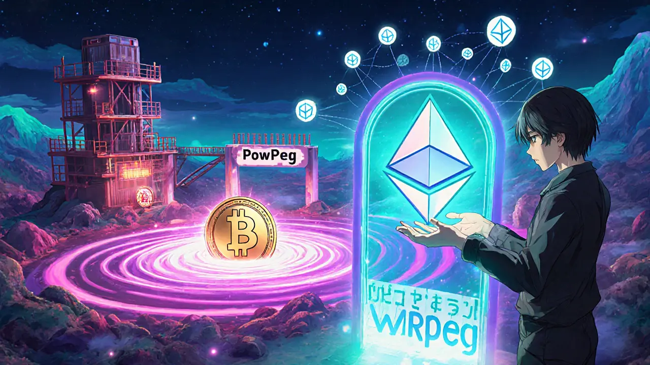 Anime scene showing RBTC deposited into a bridge that mints WRBTC, with mining rigs and node icons.