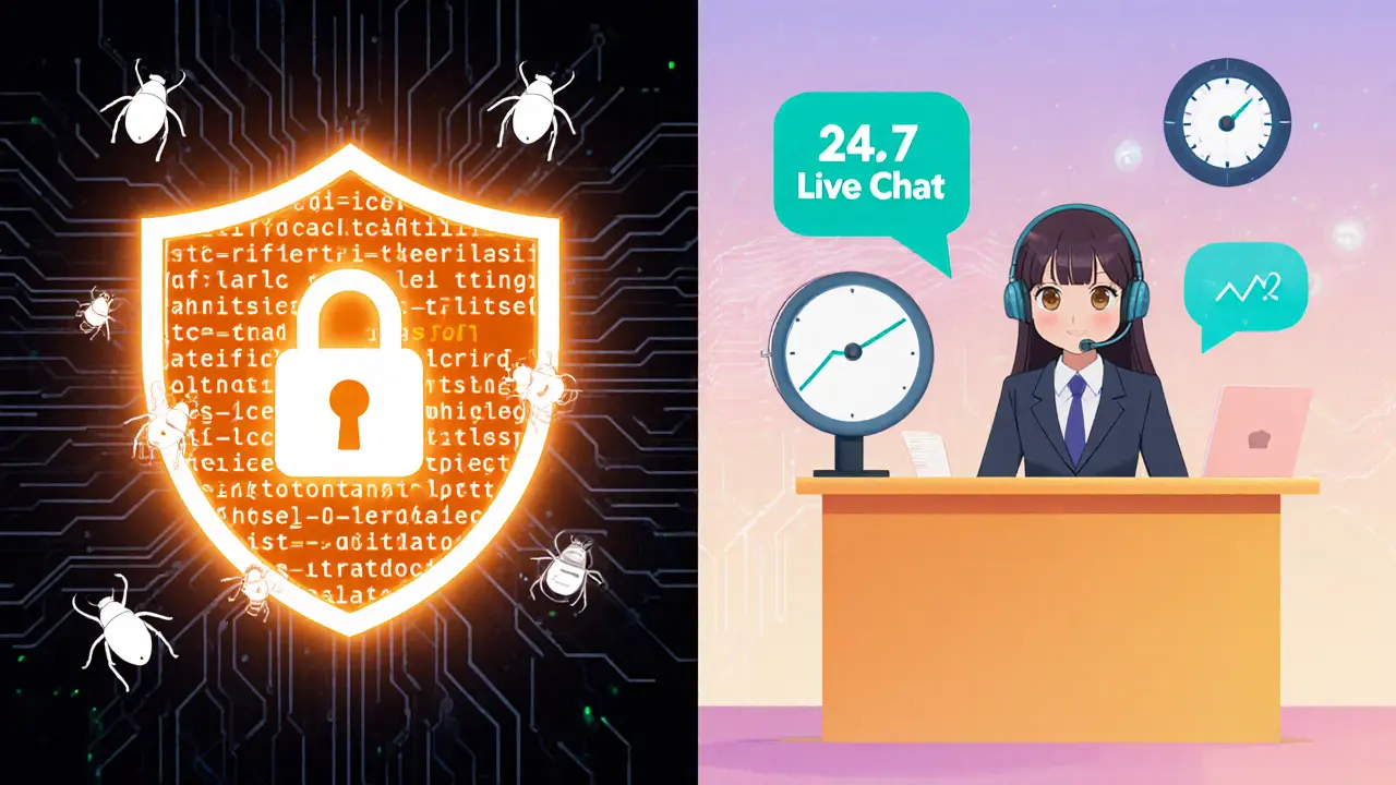 Anime scene showing smart‑contract shield, gas fee icons, and 24/7 live support chat bubble.