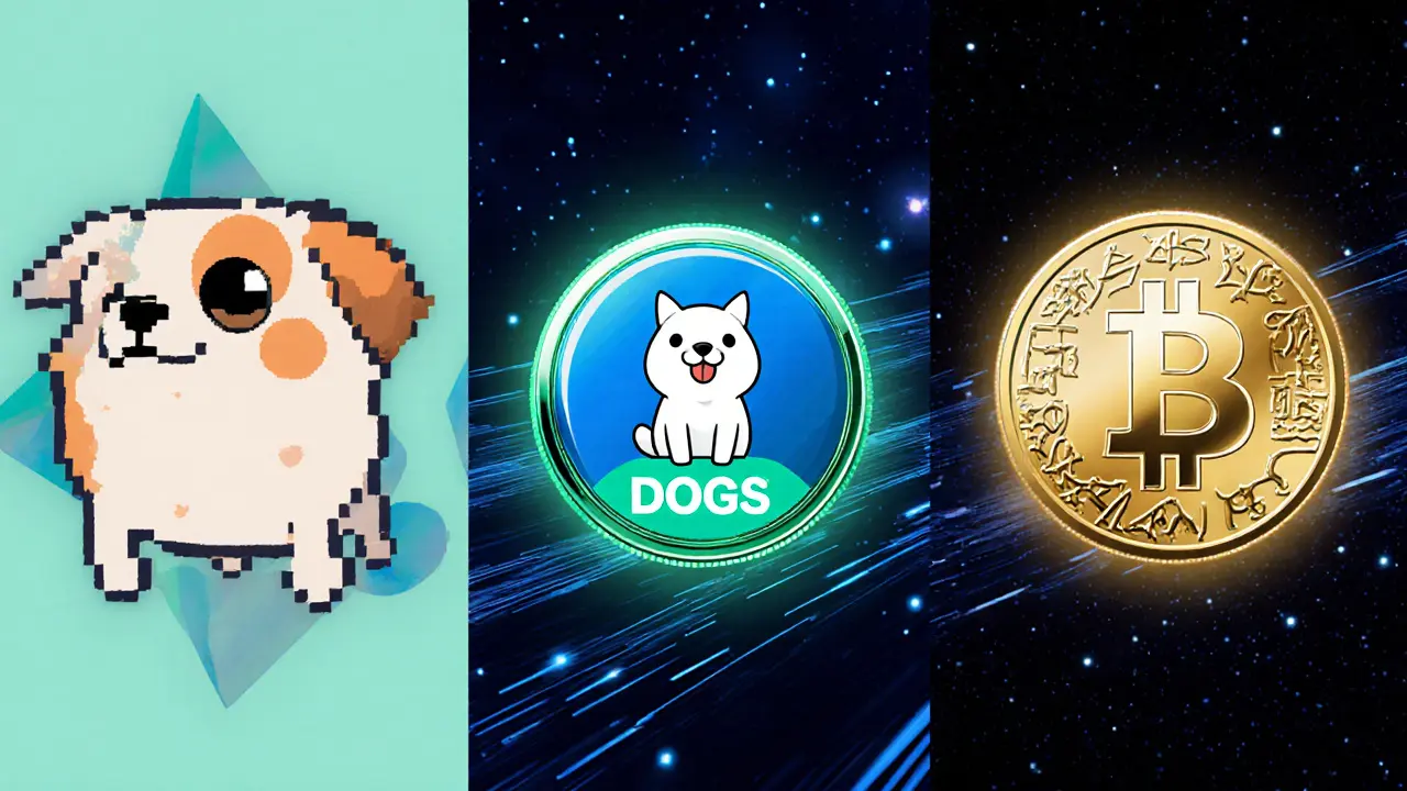 Anime split screen shows DOGGY NFT, DOGS token on TON, and DOG rune token on Bitcoin with distinct colors.