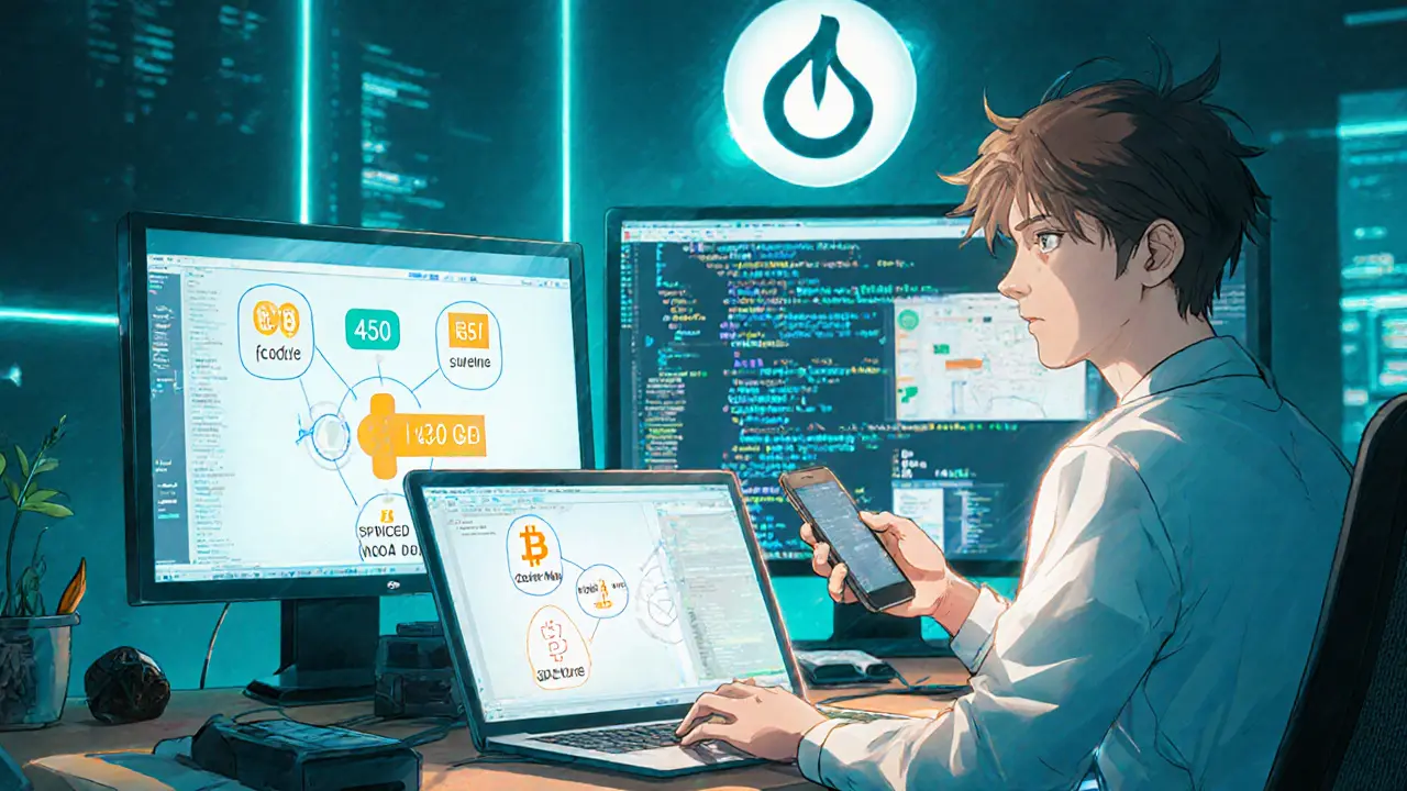 Anime‑style home office showing full, pruned, archival, and SPV Bitcoin nodes with DNS and Tor icons.