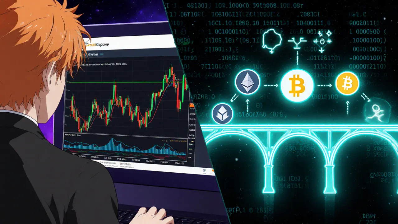 Anime trader views TradingView chart while tokens swap across Axelar bridge.