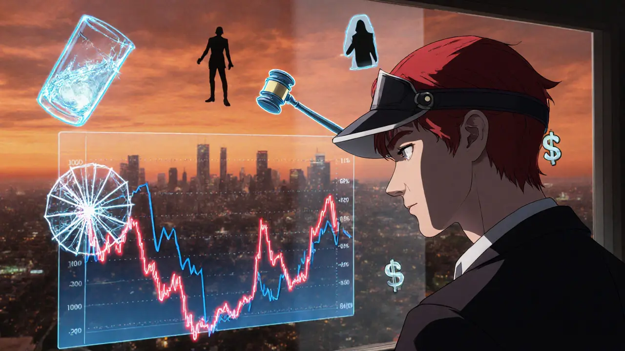 Anime trader watches a volatile price chart surrounded by symbols of risk.