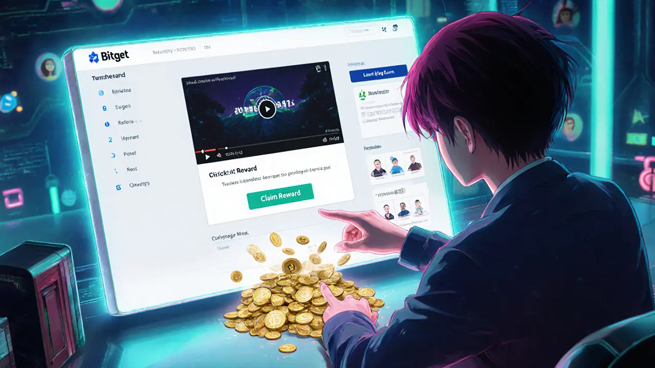 Anime user claiming DONK reward on a holographic Bitget screen after a quiz.