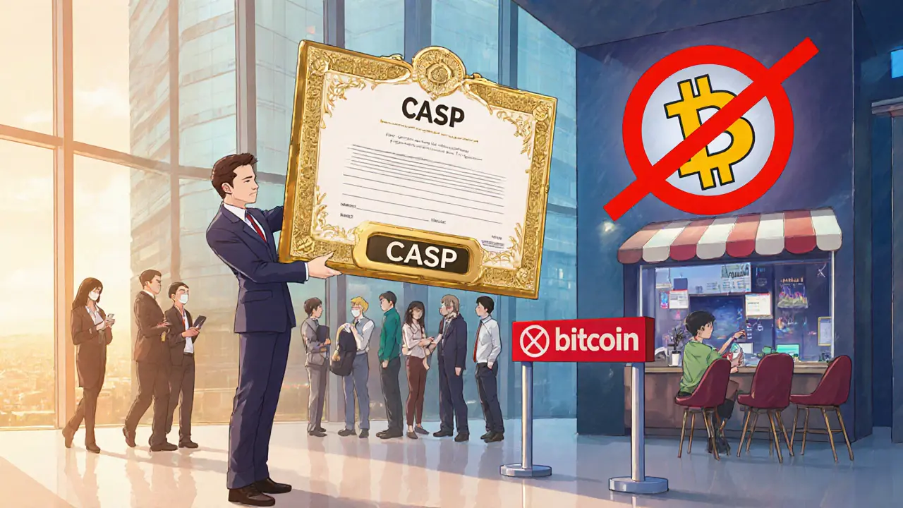 Compliance officer shows a license while a red barrier blocks crypto payments at a coffee shop.