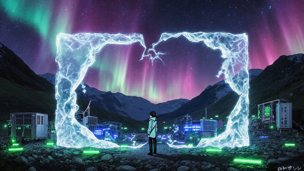 Crypto mining farm at night under aurora borealis, with a glowing barrier representing the ban.