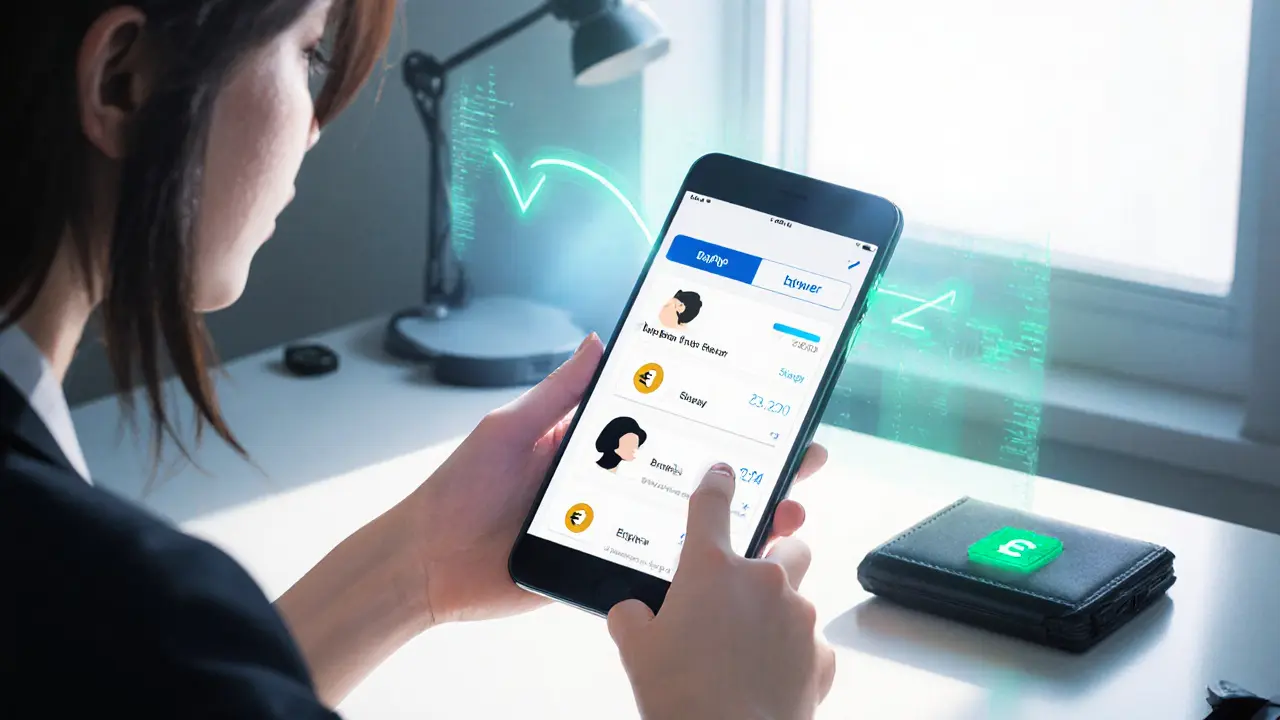 Female trader performs a Bybit P2P purchase on a phone, with escrow and hardware wallet nearby.