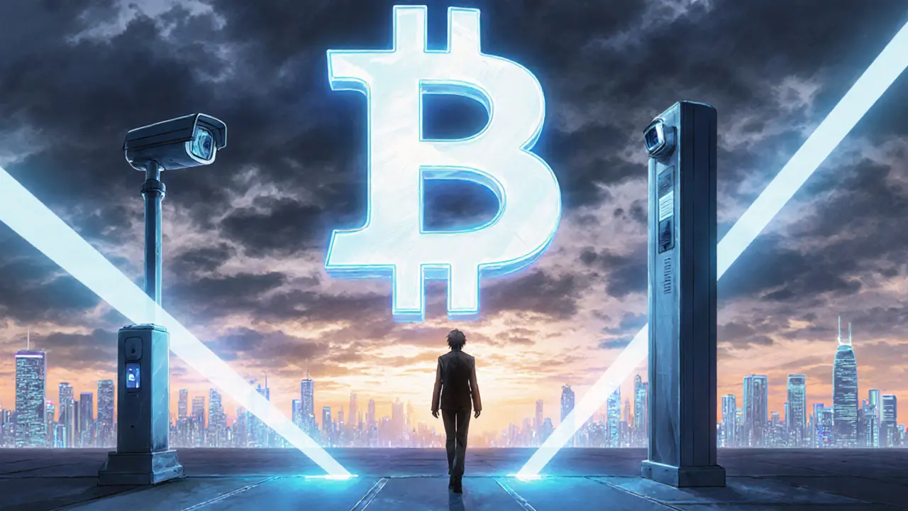 Figure turning away from glowing crypto symbol under surveillance lights.