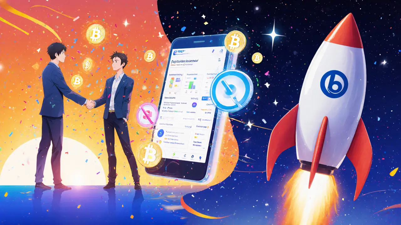 Freelancer and client handshake, token rain, mobile app, and rocket launch representing Braintrust's roadmap.