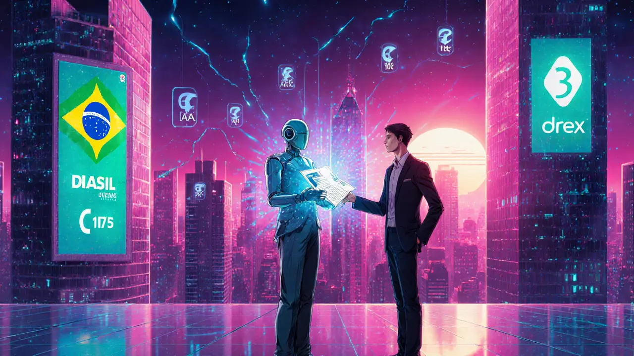 Futuristic São Paulo skyline with digital real and compliance hologram.