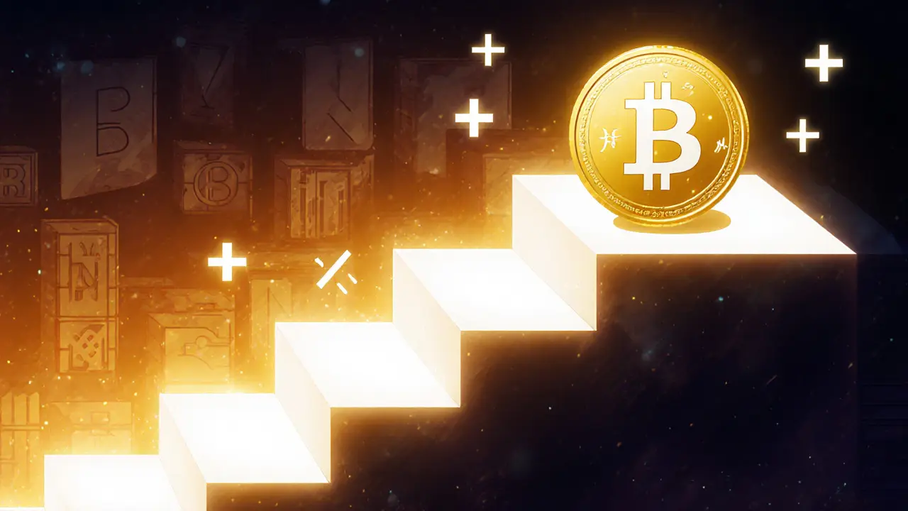 Golden token compounding down a glowing staircase illustrating APY growth.