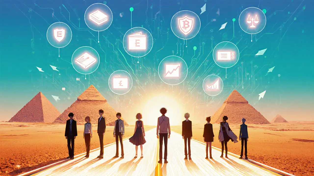 Group of characters walk a digital highway at sunrise, surrounded by crypto safety icons.
