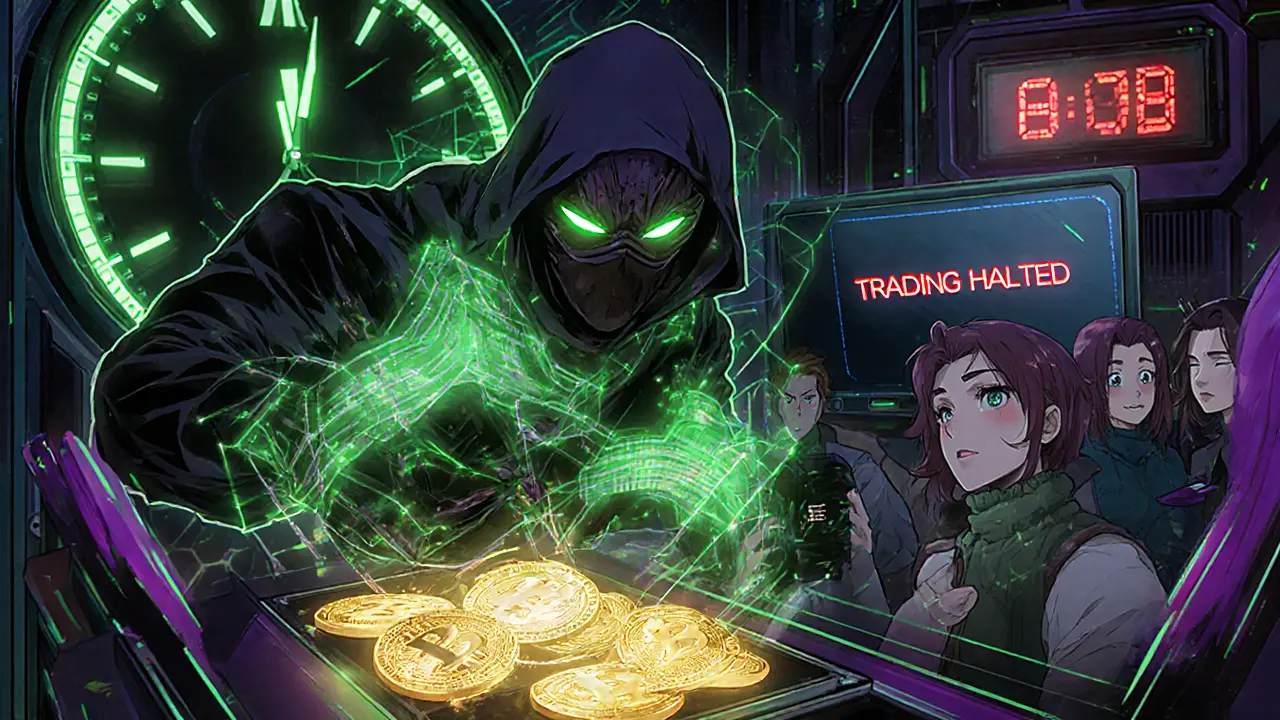 Hacker in a server room breaching Nobitex, clock showing 8 PM and traders reacting.