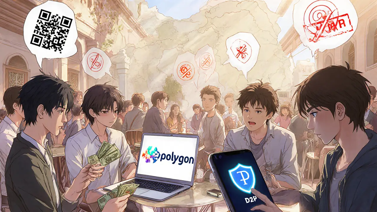 Iranian youths in a café exchanging crypto via phones, laptop showing DAI on Polygon, using a VPN.
