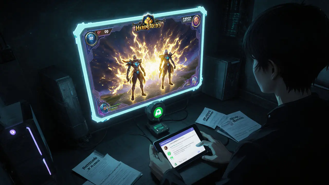 Player connecting wallet to a holographic HeroesTD screen as two heroes merge into one.
