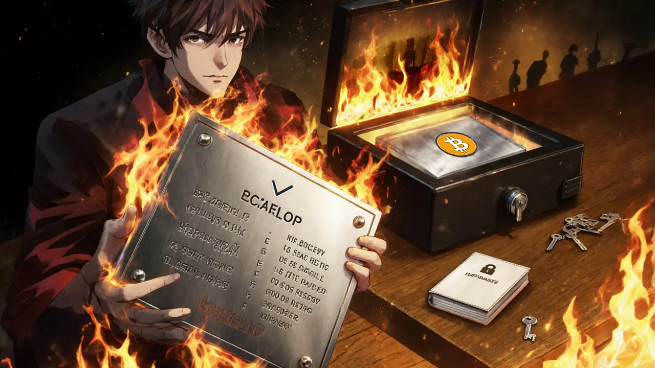 Protagonist holding a stainless‑steel seed backup beside a safe and hardware wallet.