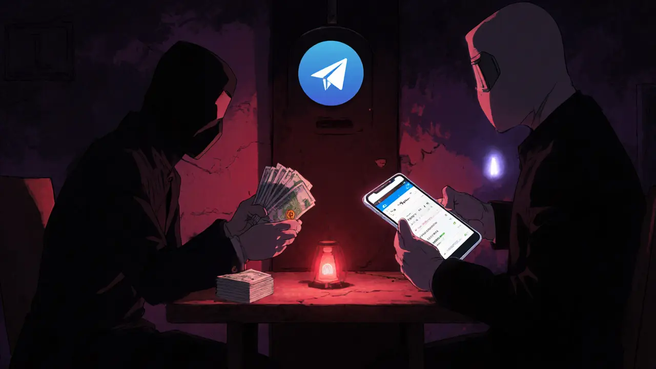 Secretive P2P crypto exchange in a dim room with cash and phone.
