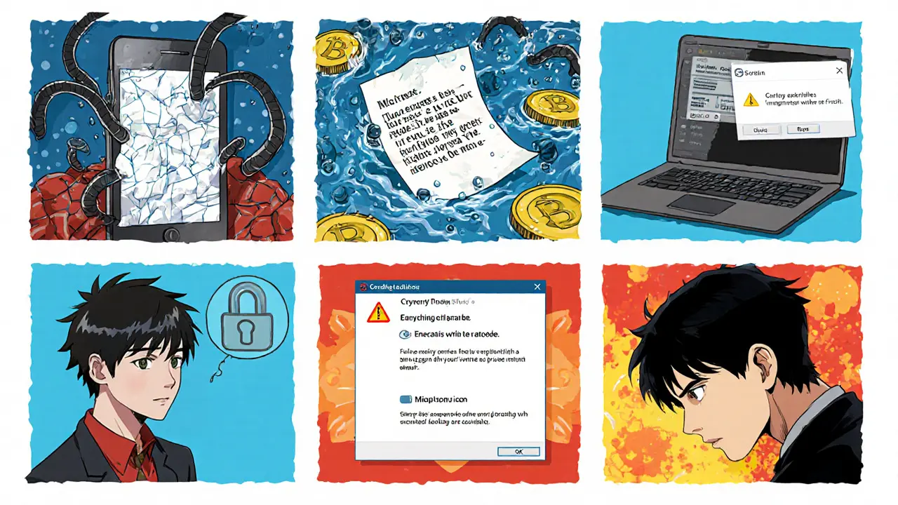Six anime panels illustrating common seed‑phrase mistakes.