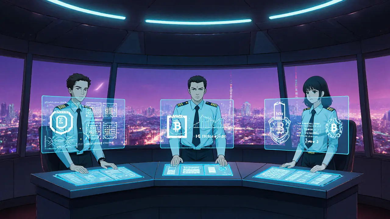 Three officials in a futuristic control room oversee crypto licensing and security.