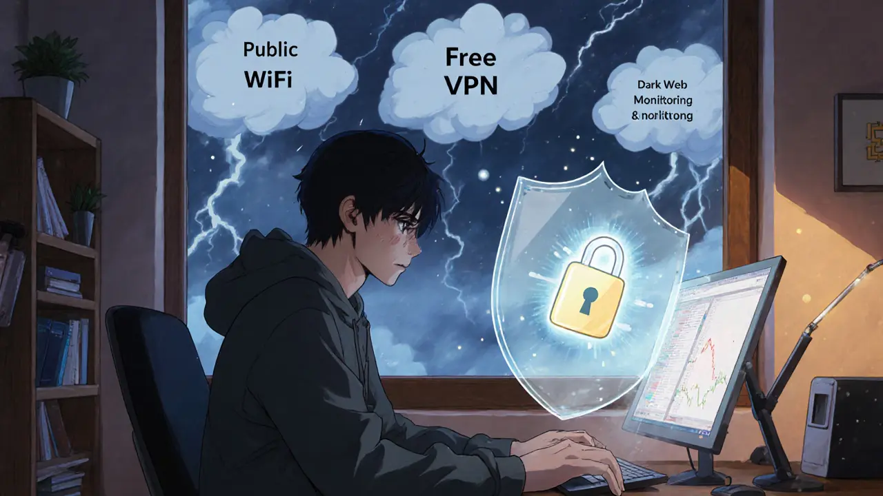 Trader safely protected by encryption shield at home, while risky tools storm outside the window.