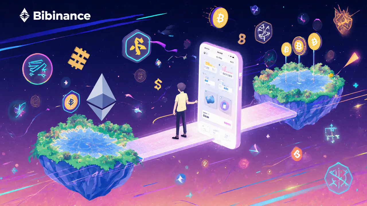 A cross-chain DApp bridge connecting three blockchain islands with a user performing real-time transactions.